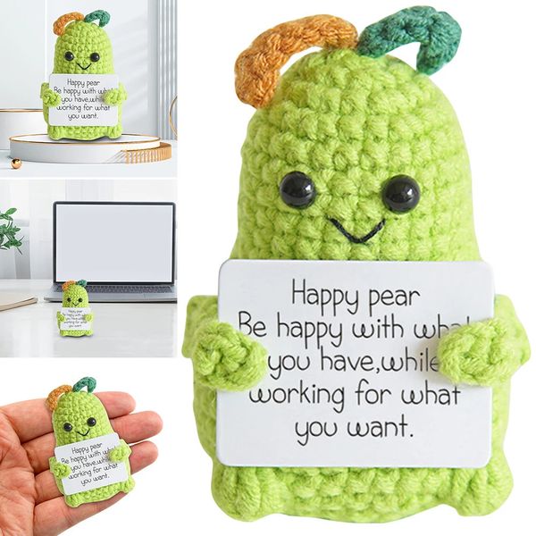 Brinquedo de pêra fofo costurado à mão em lã inspirada em crochê de pêra com cartão frontal usado para festa de aniversário e decoração de escritório 240124