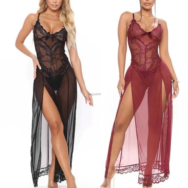 Sexy conjunto de renda vestido de dormir feminino suspensórios florais baixo peito malha transparente vestidos exóticos sexy sleepwear femme