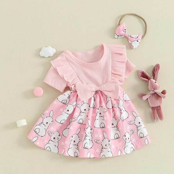 Mädchen Kleider Baby Ostern Kleid Kurzarm Print Born Infant Sommer Kleidung Mit Stirnband Nette Kausalen Outfit 2 stücke