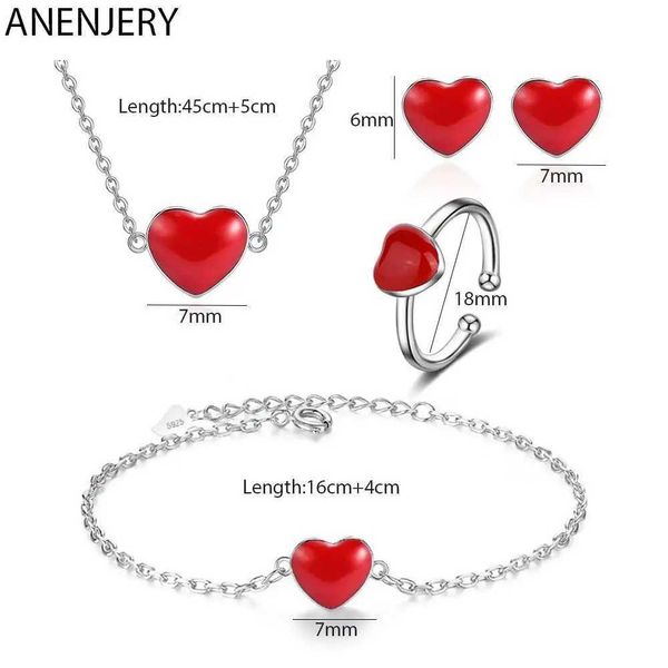 Браслет ANENJERY серебряного цвета, простое красное сердечко, ожерелье/серьги/кольцо/браслет для женщин и девочек, наборы ювелирных украшений 240125