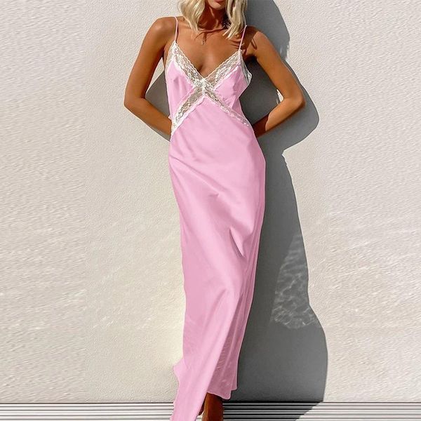 Casual Kleider Frauen Sexy Tiefem V-ausschnitt Ärmelloses Sling Kleid Frühling Elegante Hohe Taille Satin Lange Sommer Mode Spitze Hohl Party