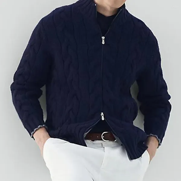 Suéter masculino outono inverno suéter com zíper cardigã sólido jacquard single-breasted moda gola alta casaco de malha masculino