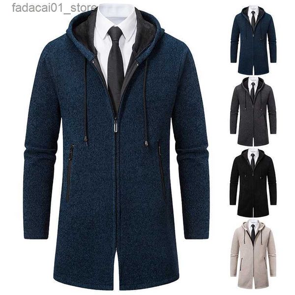 Casacos de Trench Masculinos Longos Trench Coat Inverno Fleece Zipper Jaqueta de Malha Suéter Designer de Luxo Y2K Alta Qualidade Estilo Coreano Cardigan com CapuzQ240125