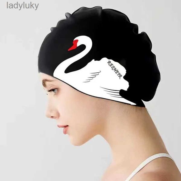 Cuffie da nuoto Donna Cuffia da nuoto Capelli lunghi Protezione per le orecchie Cappello da nuoto impermeabile Elastico in silicone Stampa cigno Accessori per piscinaL240125