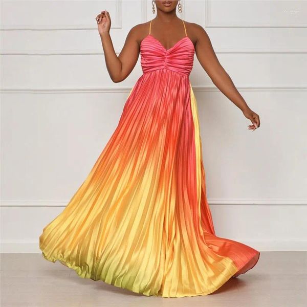 Lässige Kleider Sexy rückenfreies Farbverlauf langes Abendkleid Sommer afrikanisch für Frauen ärmellos plissiert elegante Party Hochzeit Fee Dreess