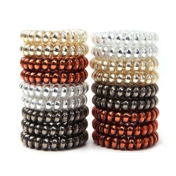 Porta coda di cavallo Colore metallico brillante Bobina per capelli a spirale Porta coda di cavallo Cavo telefonico Cravatta per capelli di buona qualità Elastico per ragazze Ha Dhjx4