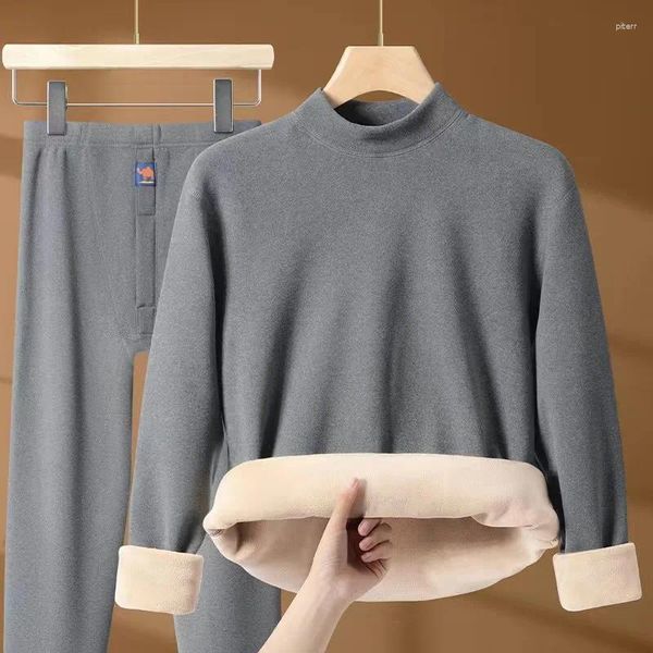 Mulheres sleepwear 2024 inverno roupa interior térmica masculina longo johns quente sólido macio casual dupla face veludo plush top com calças grossas