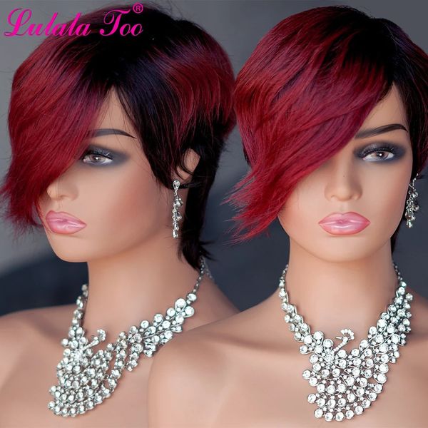 Parrucca per capelli umani Ombrey rosso bordeaux senza lacci Capelli corti solidi Bob Pixie Parrucca brasiliana con taglio di capelli Remi con frangia 230125