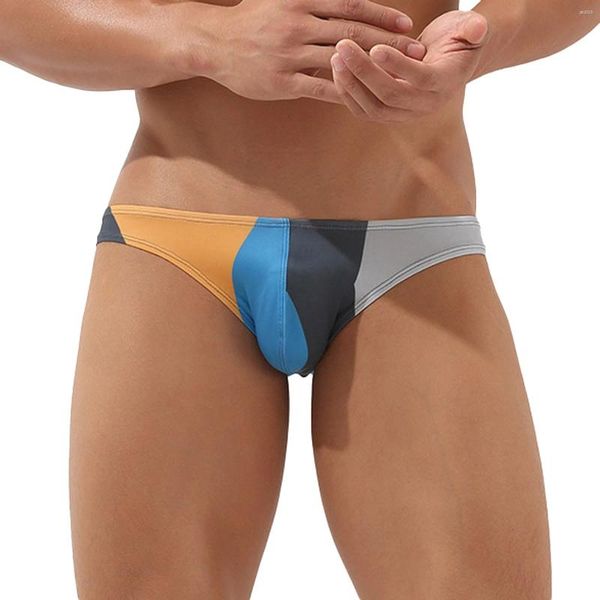 Shorts masculinos juventude elegante briefs maiô coreano moda cor contraste costura placa cintura baixa maiô verão