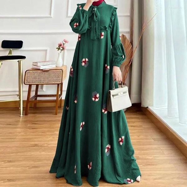 Abito etnico stile moda cravatta ricamata con colletto manica lunga elegante abito musulmano abito mediorientale abiti turchi Abaya da donna