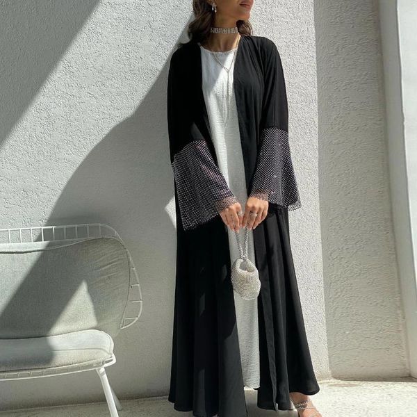 Abbigliamento etnico Abaya nero per donna Dettagli in rilievo Tessuto Nida Dubai Abaya aperto Islamico Musulmano Turchia Abiti lunghi Cardigan Ramadan