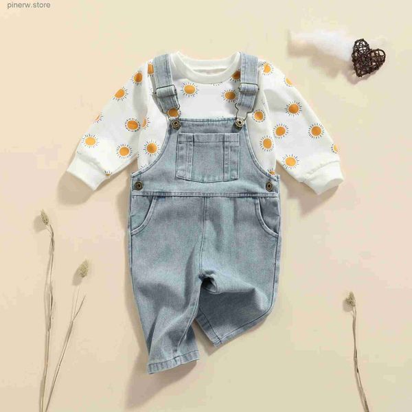 Kleidungssets Lioraitiin 0-4Years Kleinkind Baby Junge Mädchen 2 Stücke Herbst Lange Ärmel Hosenträger Jeans Sun Print Einstellbare Länge Tasche