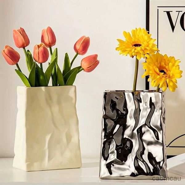 2 Vasen, 1 plissierte Keramikvase in Papiertütenform mit großem Fassungsvermögen für Blumenarrangements und Heimdekoration – perfekt für Hochzeitsschlafzimmer