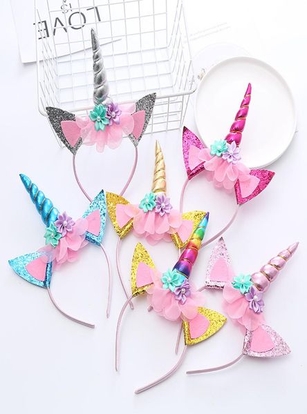 Neonate Corno di animali Unicorno Bastoncini per capelli Accessori per capelli Principessa pizzo Tulle Fiore Decorazione di perle Fascia per bambini Copricapo per feste e2184651