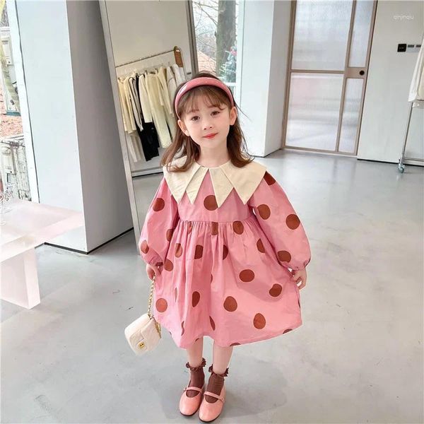 Vestidos de menina vestido de princesa para meninas 2 anos de idade roupas de bebê coreano gola virada para baixo dupla camada rosa ponto bonito manga comprida linha a