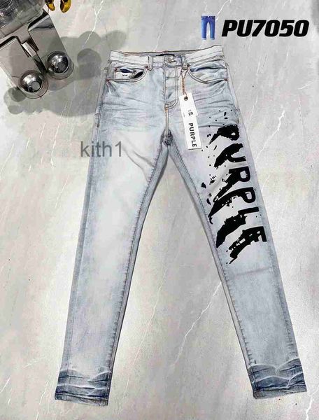 Herren Jeans Neu Lila mit Etikettendruck High Street Slim Fit Hip-Hop Designer Markenhose Hellblau 231215 5KYY