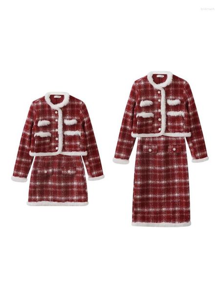 Röcke Herbst Winter Retro Kleiner Duft Stil Plaid Knopf Wolljacke Damen Kurz/Lang Abnehmen Temperament Rock Zweiteiliges Set