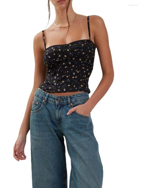 Damen Tanks Frauen Crop Tops Y2k Leibchen Blumendruck Spaghettiträger Tank Sommer Teen Mädchen Kleidung Streetwear Clubwear