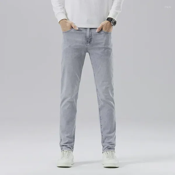 Jeans masculinos outono high-end lavagem vintage marca de moda cinza estiramento magro calças compridas para homens