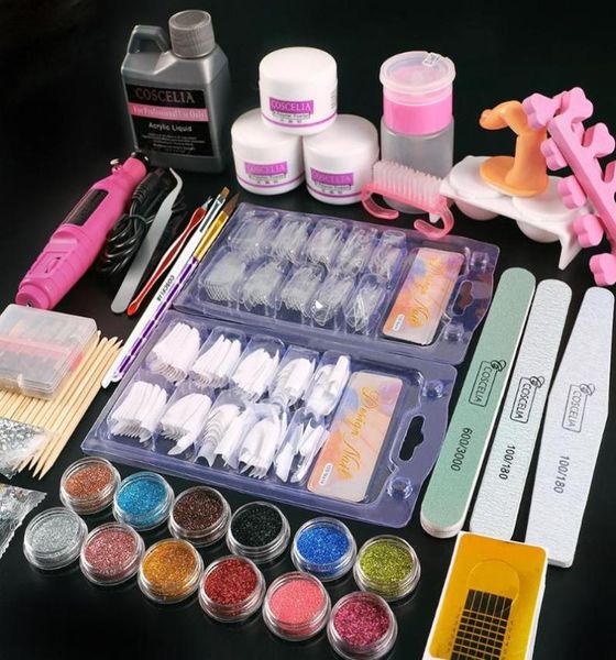 Kits de arte de unhas Conjunto completo de manicure Pro Kit acrílico com máquina de broca Líquido Glitter Pó Dicas Brush Tool8594405