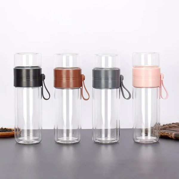 Garrafa de água de vidro com infusor de chá, garrafa de água portátil para viagem à prova de vazamento, copo de água para escritório 0125