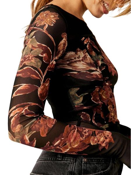 Женские футболки, женские укороченные топы с длинными рукавами, облегающие, с круглым вырезом, с цветочным принтом, прозрачная сетка, короткие, весна-осень