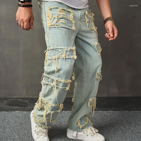 Herrenhose Herren Regular Fit Stacked Jeans Patch Ripped Skinny Distressed Destroyed Straight Denim Streetwear Kleidung