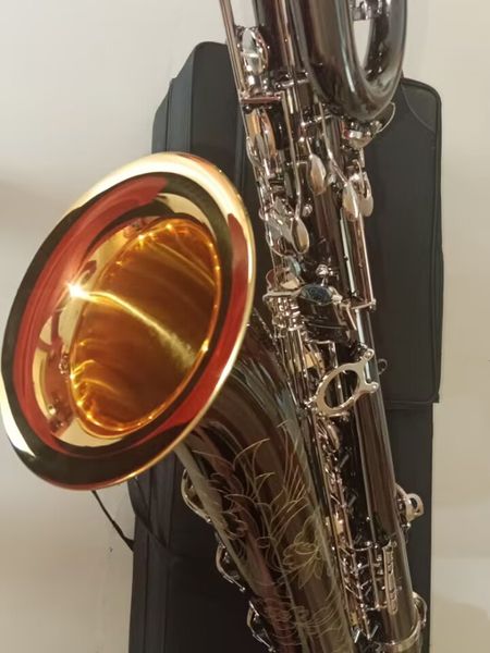 Echte Fotos, professionelles Baritonsaxophon, goldene Glocke, Eb, schwarze Neusilbertasten, Musikinstrument mit Koffer, Mundstück kostenlos