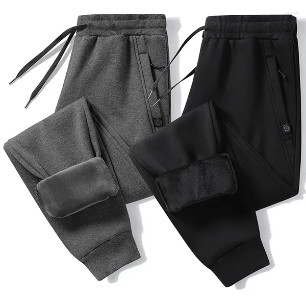 Calças masculinas 2024 inverno zip bolsos engrossar velo sweatpants homens corredores preto cinza para baixo algodão quente masculino à prova de água calças térmicas