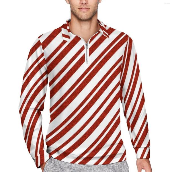 Herren-Poloshirts, rote und weiße Linien-Poloshirts, Mann-Candy-Cane-Streifen, Freizeithemd, Herbst-Kragen-T-Shirts, lange Ärmel, individuelle übergroße Kleidung