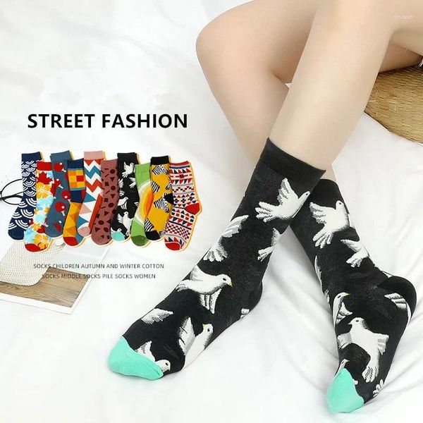 Mulheres meias 1 par dos desenhos animados moda pássaro flor planta engraçado casual feminino algodão meias streetwear harajuku meninas sox