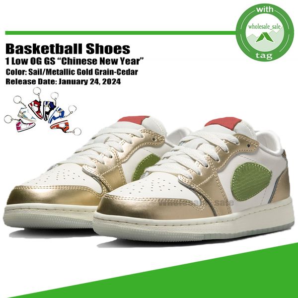 Fashion Low OG GS Chinese New Year Basketballschuhe 1 1s Jumpman Schuhe Sail Oil Green Light Pumice Cedar Dragon Years Schuhe Designer Herren Damen Sneakers Größe 36-47