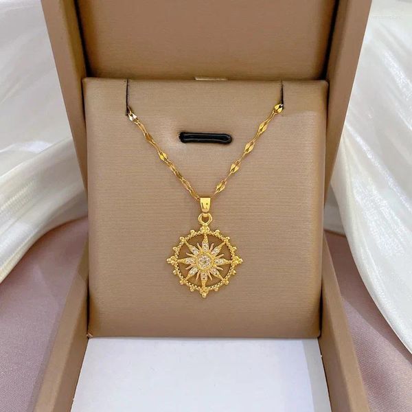 Colares de pingente feminino girassol dourado estrela octogonal com zircão colar de aço inoxidável colar jóias elegantes presentes encantadores