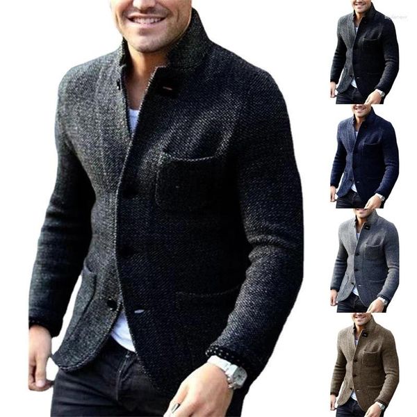 Maglioni da uomo 2024 Stile Casual Colletto da abito Manica lunga Tasca Camicia Tinta unita Giacca occidentale Maglione Cardigan