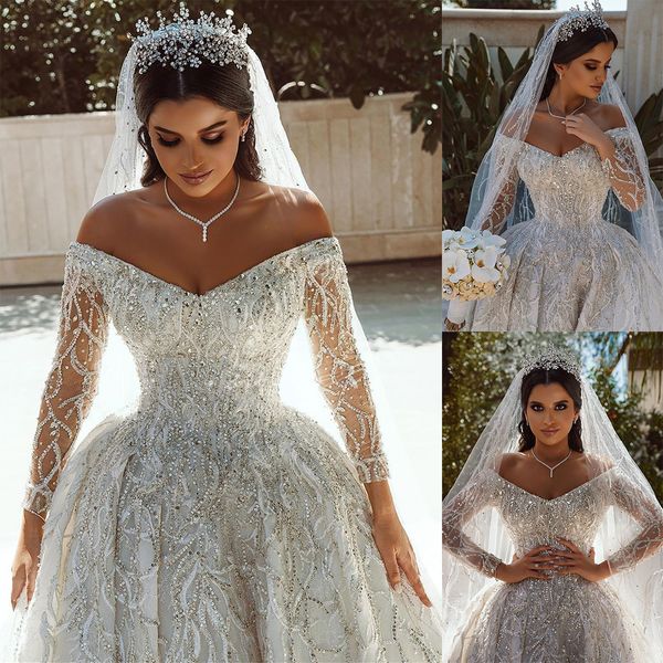 Vestidos de casamento de cristal de luxo fora do ombro vestidos de baile de noiva strass frisado lantejoulas manga longa princesa vestidos de noiva feitos sob encomenda