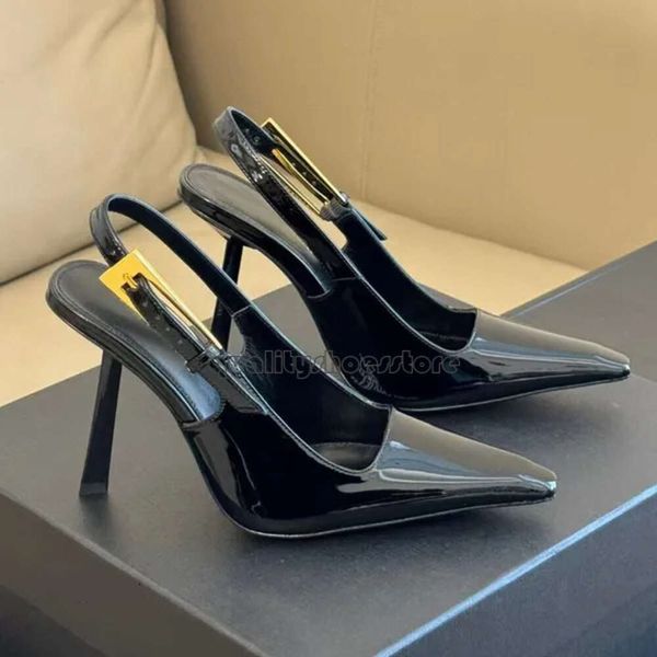 Spiegelgesichts-Slingback-Pumps aus echtem Leder für Damen, spitze Zehen, Geometrie, Stiletto-Absatz, 10 cm Schnalle, verzierte Schnür-Absätze, Modedesigner-Schuhe 734