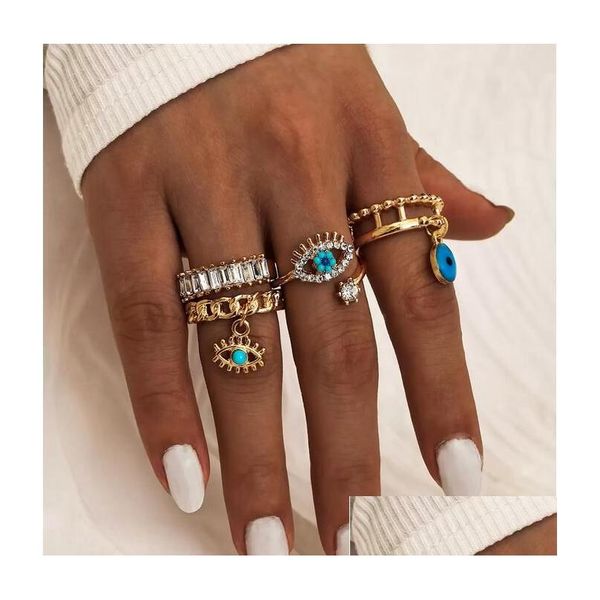 Con pietre laterali 4 pezzi / set moda turchese diamante malocchio anelli di barretta donne ragazze gioielli anello set consegna di goccia Dhru7