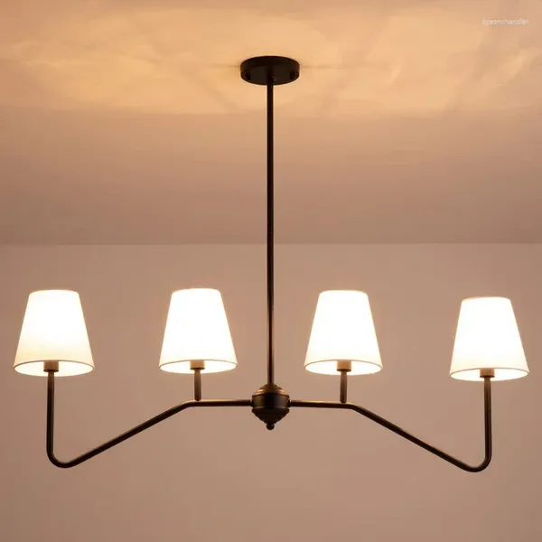 Lustres de ferro forjado clássico polido ouro/preto com tons de linho branco quarto lustre moderno iluminação decorativa