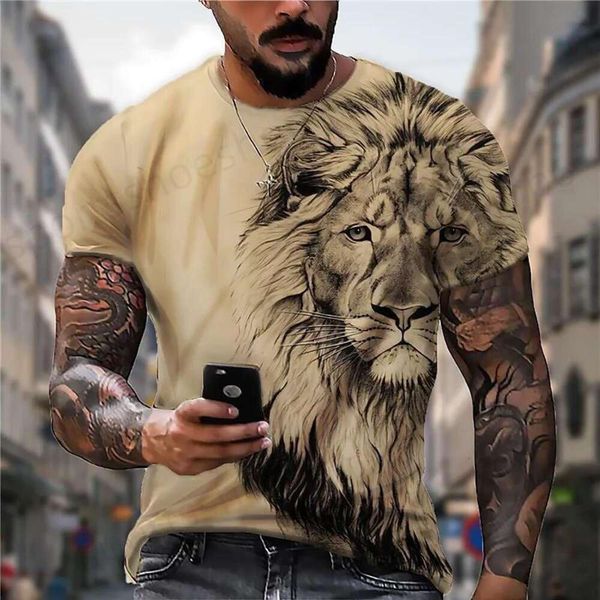 Homens camisetas Homens Camisetas 2024 Poliéster Verão T-shirt Homens Animal Leão 3D Impressão Moda Manga Curta Top Micro Elastic Sport Fitness Camisa para