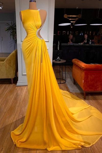 Amarelo sexy noite pageant vestido longo trem varredura sem mangas sem costas chiffon baile de formatura vestidos formais para mulheres robe de soiree personalizar