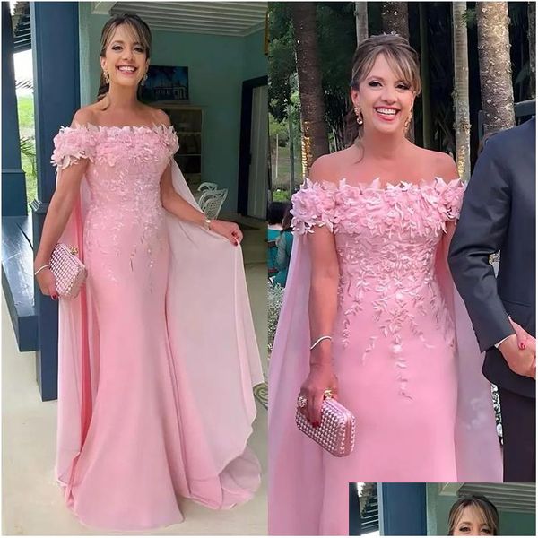 Vestidos da mãe elegante rosa mãe dos vestidos de noiva com apliques florais 3D off shouder longo vestido de convidado de casamento feito sob encomenda Wo Otkxz