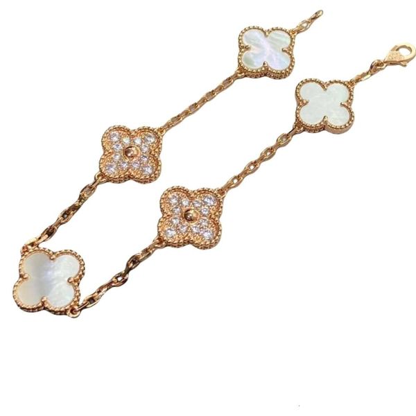 Van-Clef Arpes Pulseira Designer Luxo Mulheres Qualidade Original V Ouro Alta Edição Artesanato Cinco Flores Quatro Folhas Grama Pulseira Branca Fritillaria Rose Diamond Laser