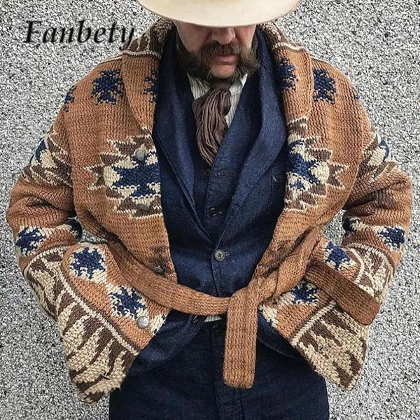 Männer Pullover 2024 Vintage Muster Jacquard Pullover Casual Revers Langarm Dicken Mantel Herbst Warme Taste Spitze-up Gestrickte für Männer