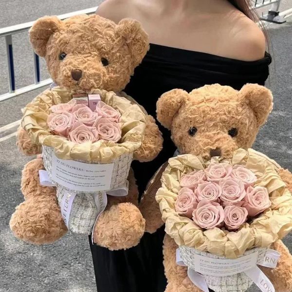 Romantisches Valentinstag-Blumenbären-Set, Rosenbündel, süße Teddybär-Puppe, Valentinstagsgeschenk für Freundin, Mutter, Geburtstag, Requisite 240124