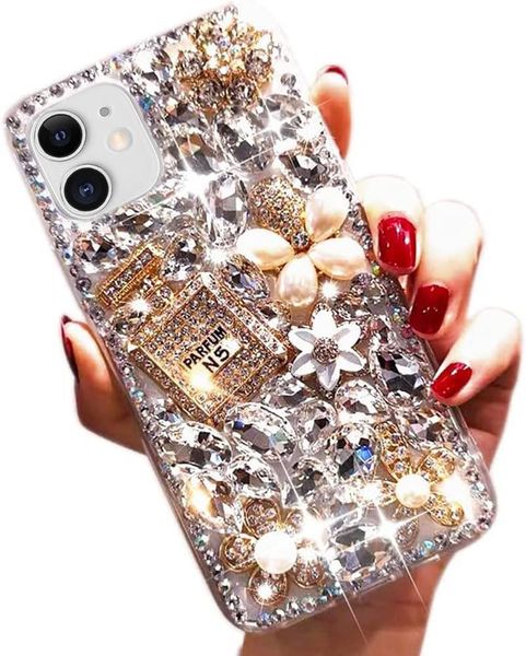 Handgefertigte Bling-Glitzer-Handyhülle, luxuriöse Diamant-Strass-3D-Parfümflasche und Blumen-Edelstein, weiche TPU-Rückseite für Frauen und Mädchen