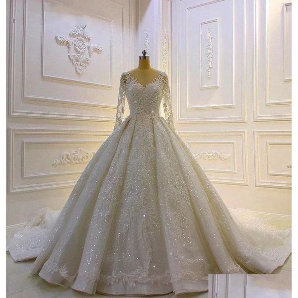 Abiti da sposa a trapezio Abiti da sposa bianchi Abiti da sposa avorio Una linea o-collo Manica lunga fino al pavimento Tle Applique Perline Personalizzato Zipp Otl2T