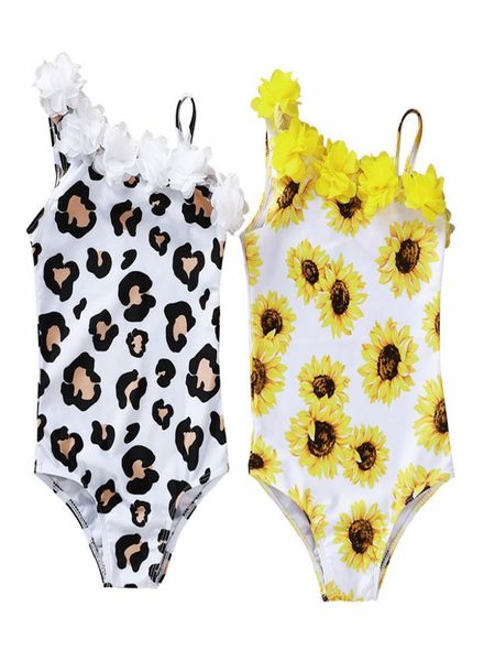 INS Baby OnePieces Ragazze Girasole Stampa leopardata Costumi da bagno Bambini Estate Spalle scoperte Costumi da bagno Bambino Triangolo Beachwear Bikini M1699599104