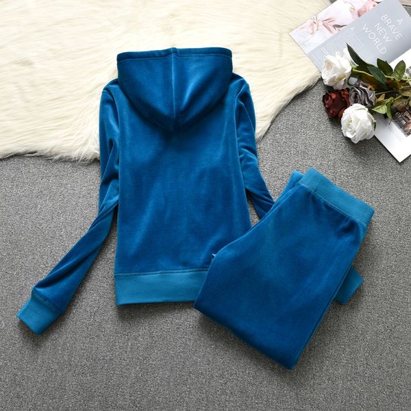 Primavera/outono 2024 Mulheres Marca Velvet Fabric Tacksuits Suculent Suit Sold Color Velor Suit Feminino Capuz de traje de traje e calças