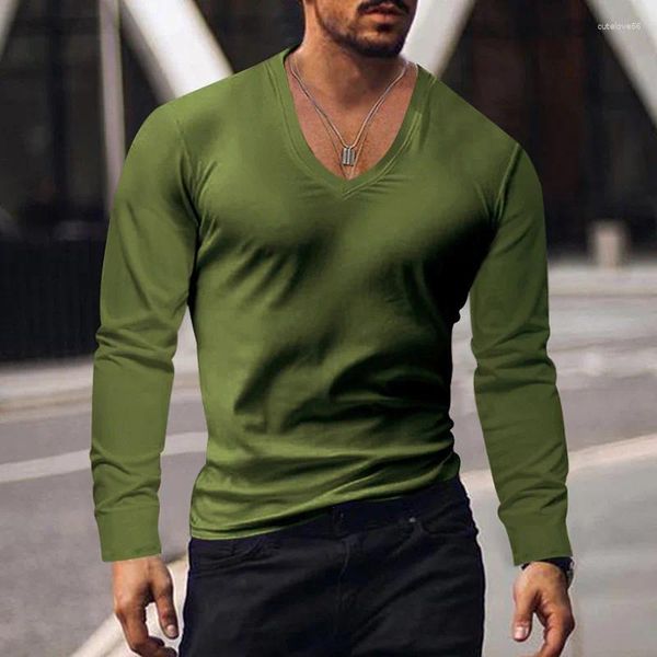 Homens camisetas 2024 primavera e outono fundo europeu americano v-pescoço cor sólida grande casual manga comprida