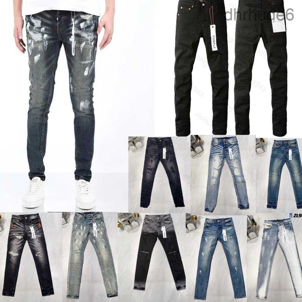 Calças de brim roxas dos homens designer angustiado preto rasgado motociclista fino ajuste calças de motociclistas para homens moda masculina design streetwear tamanho 29-40. V7D7